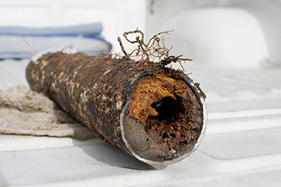 Dirty sewer pipe filled with soil and roots